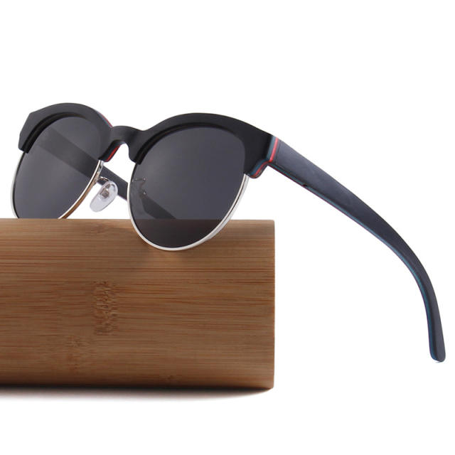 New Fashion Skateboard Wood Polarized Bamboo Wood Sunglasses Sandwich Wood Vintage Half Frame Sunglasses All Wood Cross border Glasses