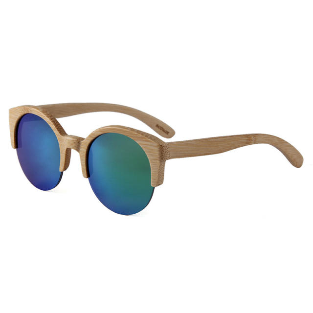 Fashionable half frame all bamboo sunglasses, personalized round frame color film, bamboo and wood sunglasses, fishing line, CR39 piece sunglasses